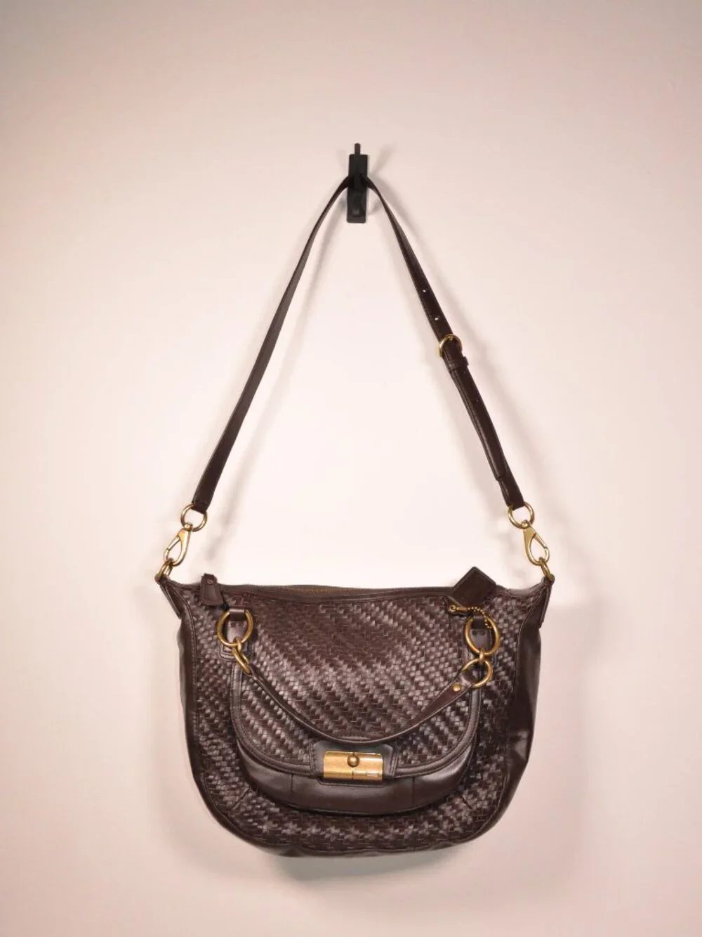 Coach F23048 Kristin Woven Leather Satchel Tan Brown Shoulder Bag